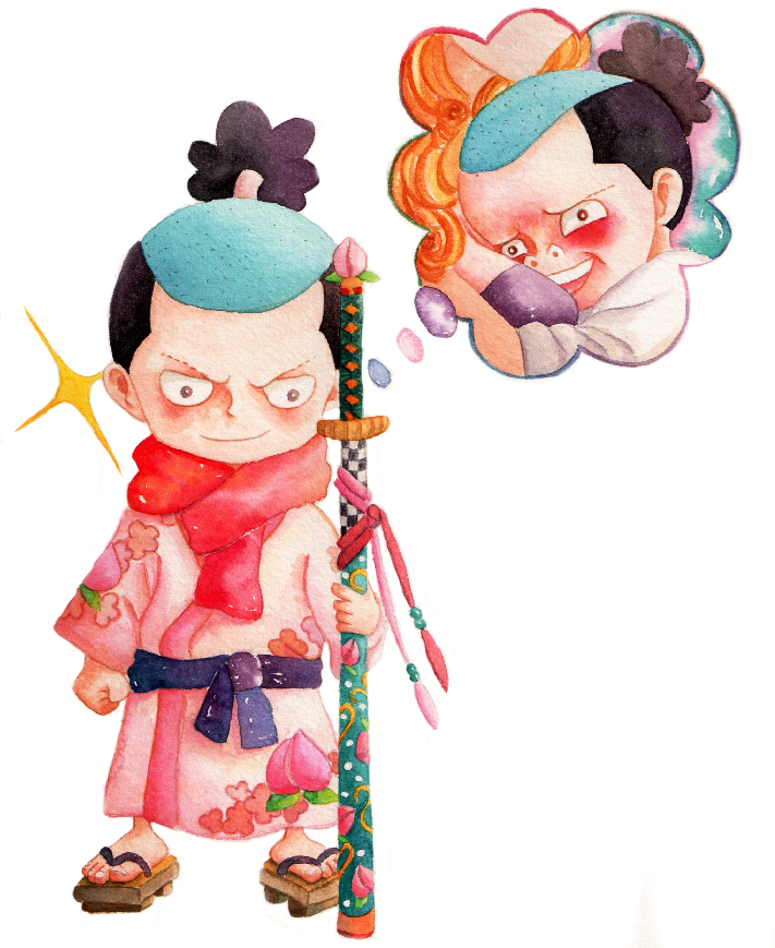 1boy aged_down black_eyes black_hair chappy19970219 chasenmage child clenched_hand closed_mouth commentary_request full_body holding holding_sword holding_weapon japanese_clothes katana kouzuki_momonosuke long_hair male_focus nami_(one_piece) one_piece open_mouth orange_hair painting_(medium) ponytail red_scarf sandals scarf simple_background smile speech_bubble sword thought_bubble traditional_media watercolor_(medium) weapon white_background