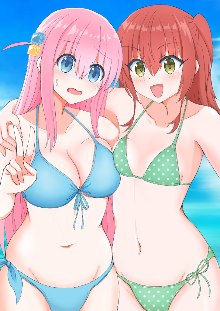 2girls 3535mb :d asymmetrical_docking bikini blue_bikini blue_eyes blush bocchi_the_rock! breast_press breasts cleavage cube_hair_ornament gotoh_hitori green_bikini hair_ornament hand_on_another&#039;s_shoulder kita_ikuyo large_breasts long_hair looking_at_viewer multiple_girls navel ocean one_side_up open_mouth outdoors pink_hair polka_dot polka_dot_bikini red_hair side-tie_bikini_bottom sky small_breasts smile stomach sweat swimsuit upper_body v very_long_hair yellow_eyes