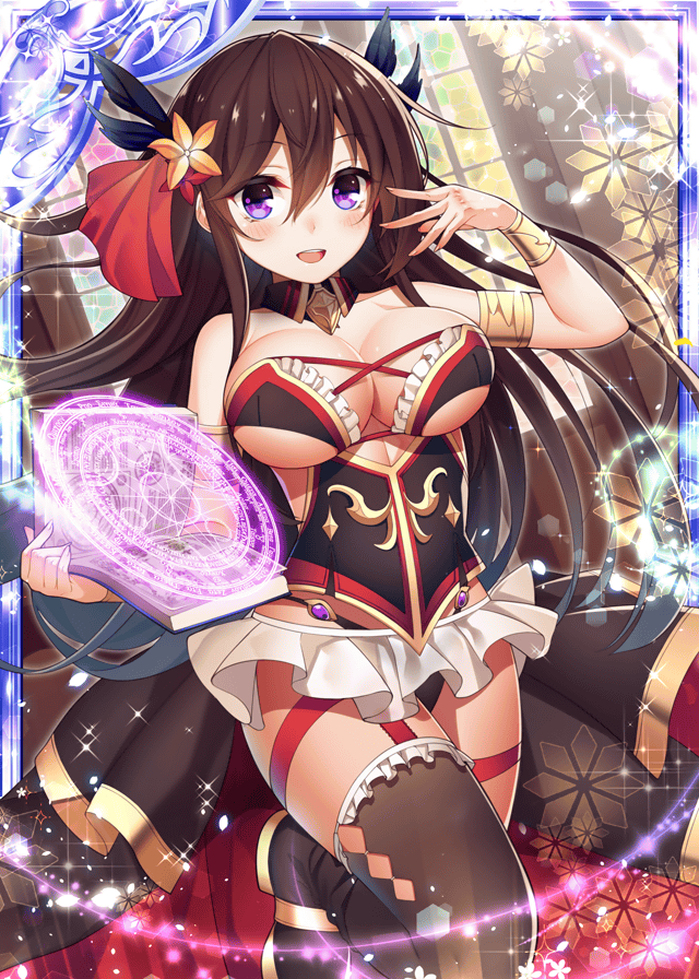 1girl :d artist_collaboration bare_shoulders book breasts brown_hair collarbone flower frilled_skirt frills gauntlets hair_flower hair_ornament holding holding_book indoors large_breasts long_hair looking_at_viewer magic_circle miniskirt official_art open_mouth purple_eyes ray-akila shinkai_no_valkyrie shinki_kakusei_melty_maiden shirt skirt smile thighhighs underwear white_shirt white_thighhighs window