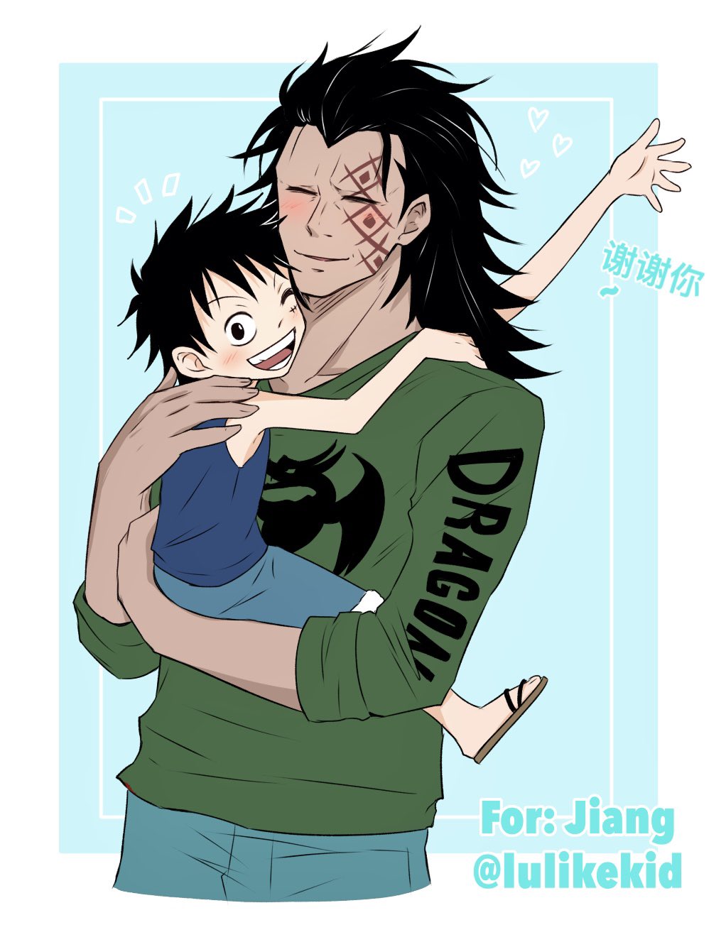 2boys ^_^ aged_down black_hair blue_background blue_tank_top blush carrying carrying_person closed_eyes facial_tattoo father_and_son green_shirt heart highres kmrbd5118 long_hair long_sleeves male_focus monkey_d._dragon monkey_d._luffy multiple_boys notice_lines one_piece sandals scar scar_on_face shirt short_hair smile tank_top tattoo waving