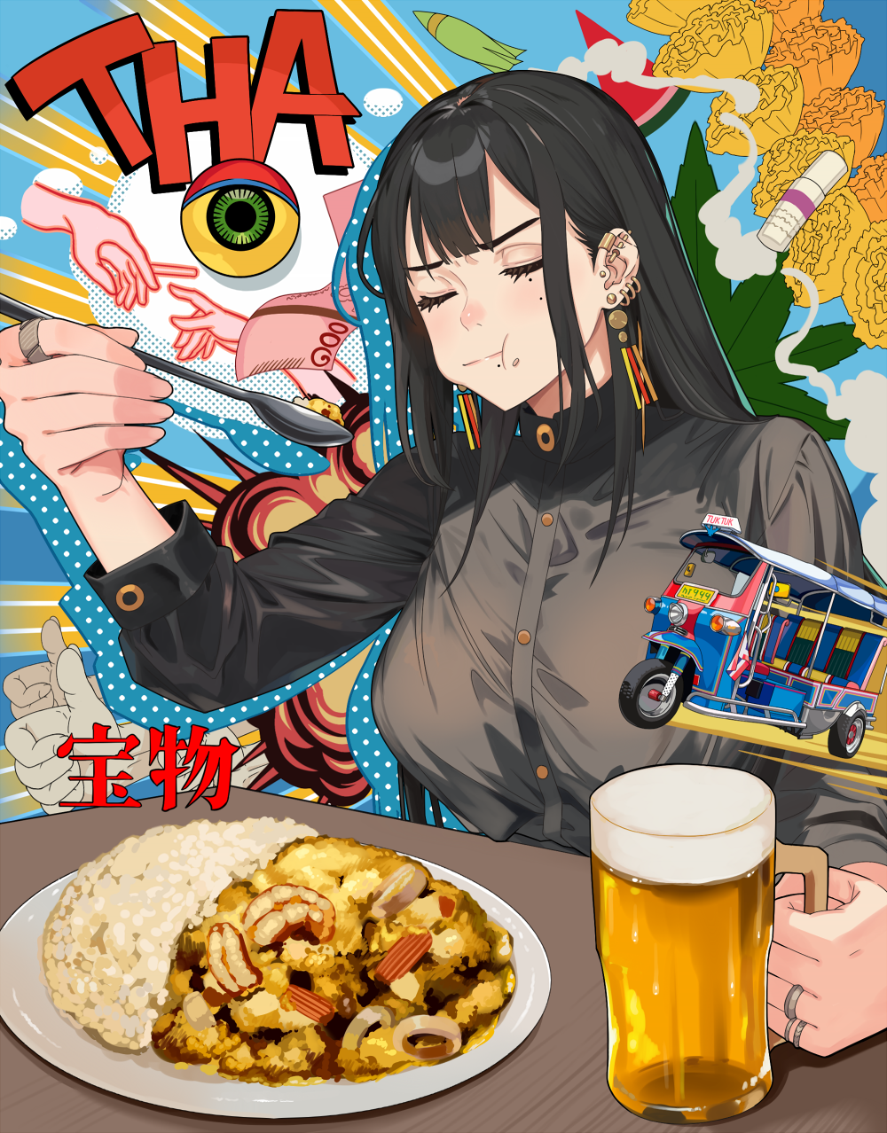 1girl alcohol beer beer_mug black_hair blunt_bangs breasts closed_eyes cup ear_piercing earrings eating highres holding holding_cup holding_spoon jewelry large_breasts long_hair mole mole_under_eye mole_under_mouth mug original piercing sakurai_energy solo spoon