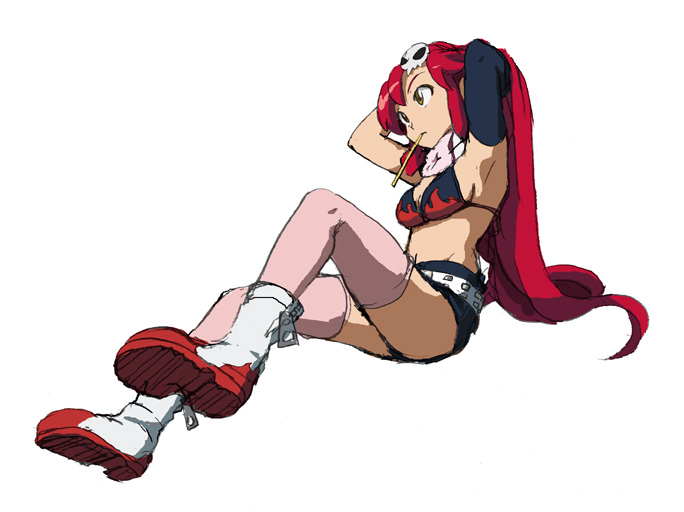 00s 1girl bikini bikini_top_only female_focus pink_legwear ponytail sari_(ugogome) shorts solo swimsuit tengen_toppa_gurren_lagann yoko_littner