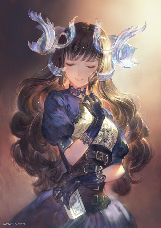 1girl artist_name blunt_bangs bottle brown_hair closed_eyes commentary corset curly_hair dress eyelashes fantasy female_focus gloves hand_on_own_chest holding holding_bottle horns lace long_hair original puffy_short_sleeves puffy_sleeves short_sleeves signature smile solo wadanaka