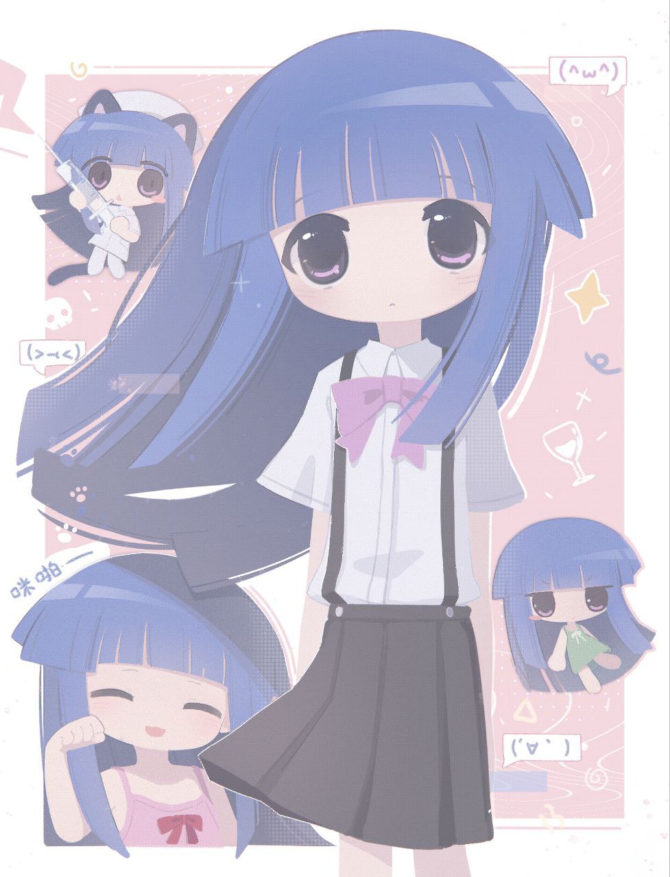 1girl artist_request blue_hair blunt_bangs bow chibi dress furude_rika hat highres higurashi_no_naku_koro_ni hime_cut long_hair looking_at_viewer non-web_source nurse nurse_cap purple_eyes purple_hair shirt skirt source_request sundress suspender_skirt suspenders white_shirt