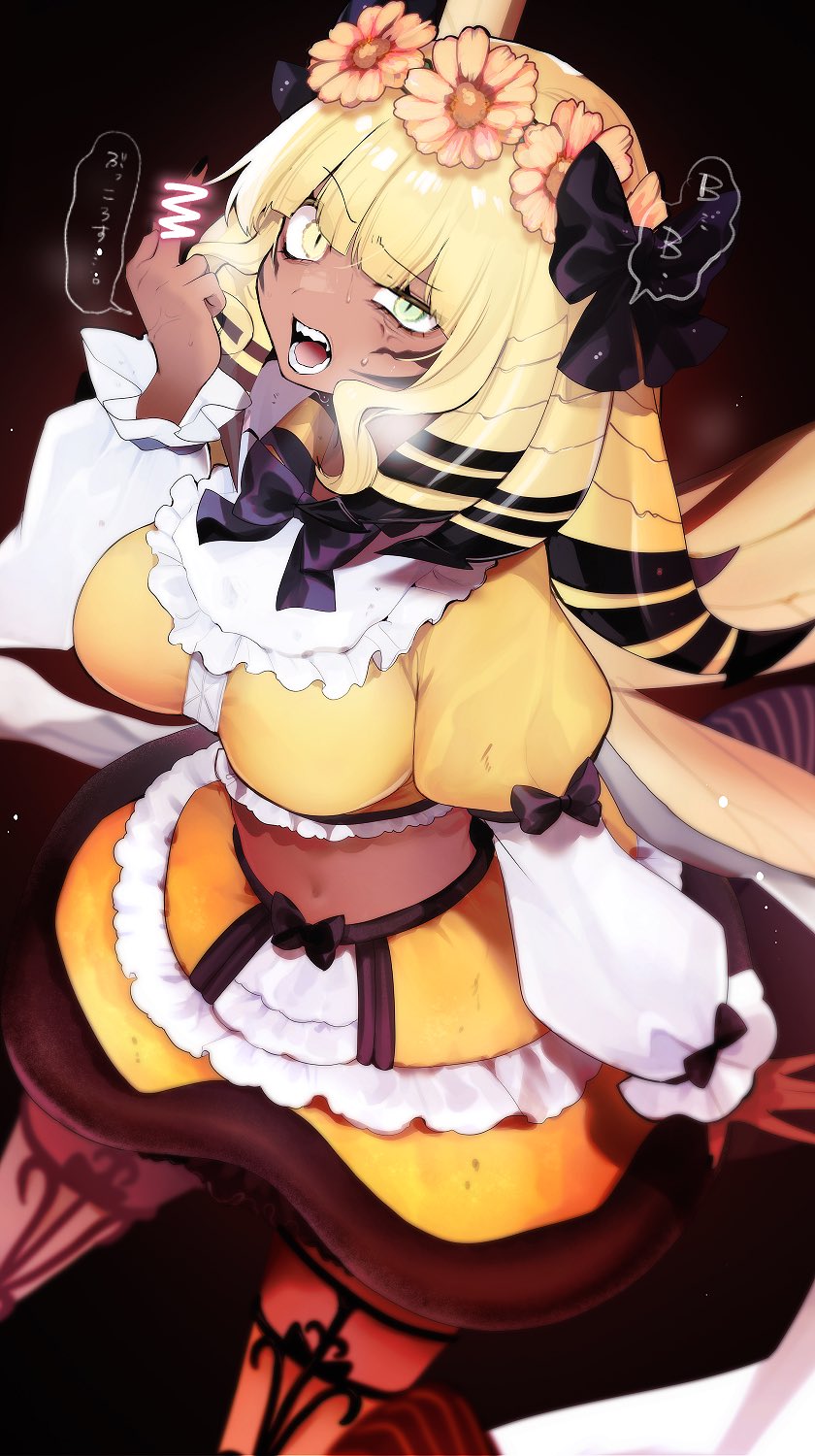 1girl anger_vein angry arthropod_girl bee_girl bee_wings black_background black_bow black_bowtie black_nails blonde_hair blunt_bangs bow bowtie censored censored_gesture constricted_pupils crop_top facial_mark feet_out_of_frame final_fantasy final_fantasy_xiv flower frilled_shirt frills from_above green_eyes hair_bow hair_flower hair_ornament hand_up heterochromia highres honey_b._lovely insect_girl lilia_xxx looking_at_viewer medium_hair middle_finger multicolored_hair nail_polish navel open_mouth raised_eyebrow shirt skirt slit_pupils solo speech_bubble sweat thigh_strap two-tone_hair uneven_eyes yellow_eyes yellow_shirt yellow_skirt