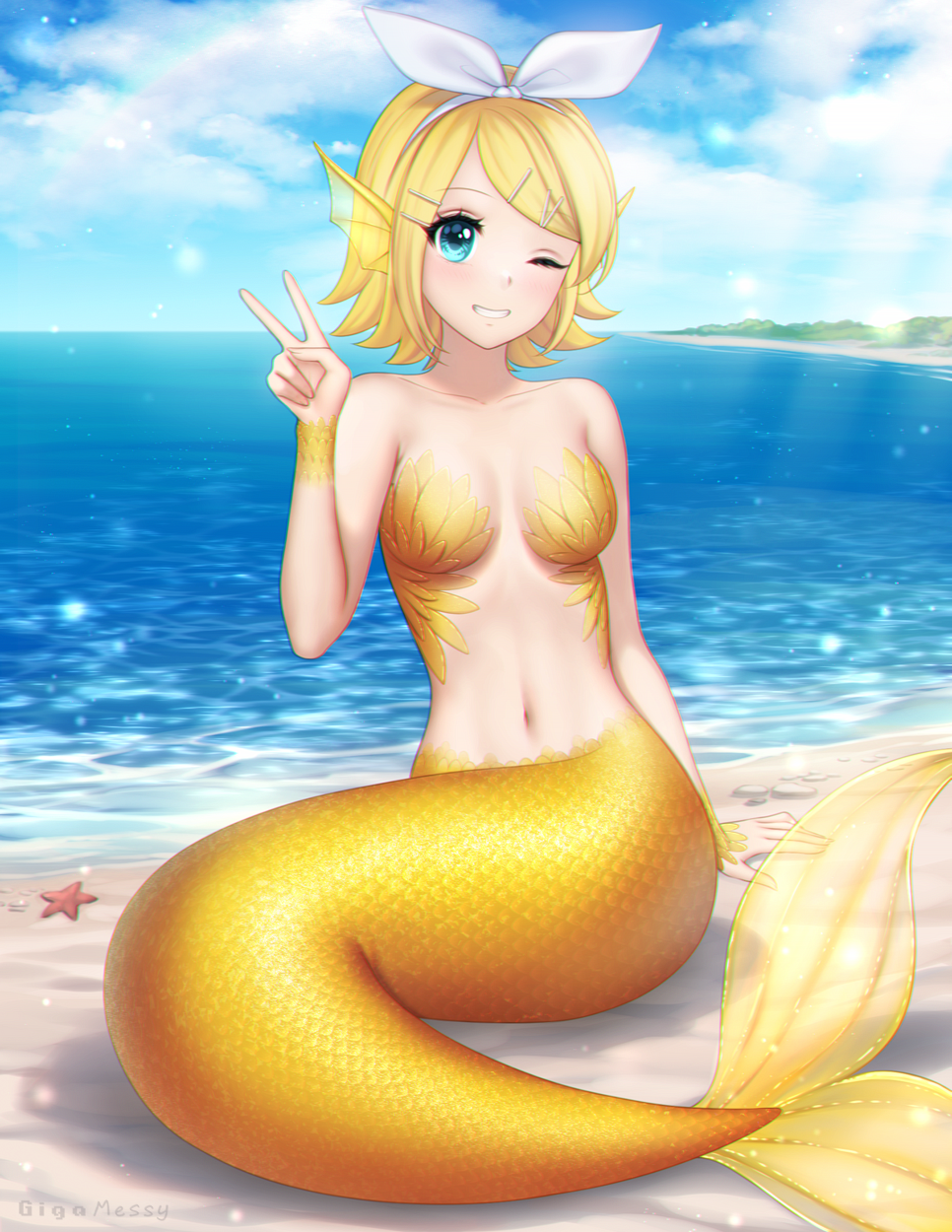 1girl beach blonde_hair blue_eyes blue_sky collarbone commentary commission english_commentary gigamessy grin hair_ornament hair_ribbon hairclip hand_up highres kagamine_rin mermaid monster_girl monsterification navel ocean one_eye_closed outdoors ribbon short_hair sitting sky smile solo v vocaloid water white_ribbon yellow_tail