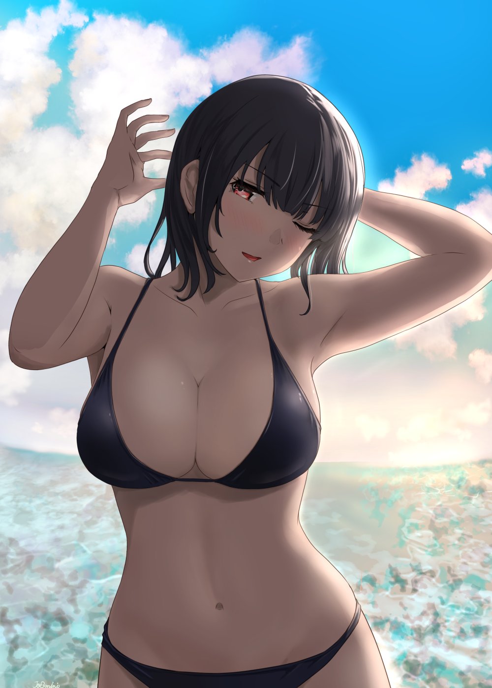 1girl bikini black_bikini black_hair blue_sky breasts cleavage cloud commentary_request dawn highres jouzaburou_(joe3) kantai_collection large_breasts looking_at_viewer navel one_eye_closed red_eyes short_hair sky solo swimsuit takao_(kancolle) upper_body