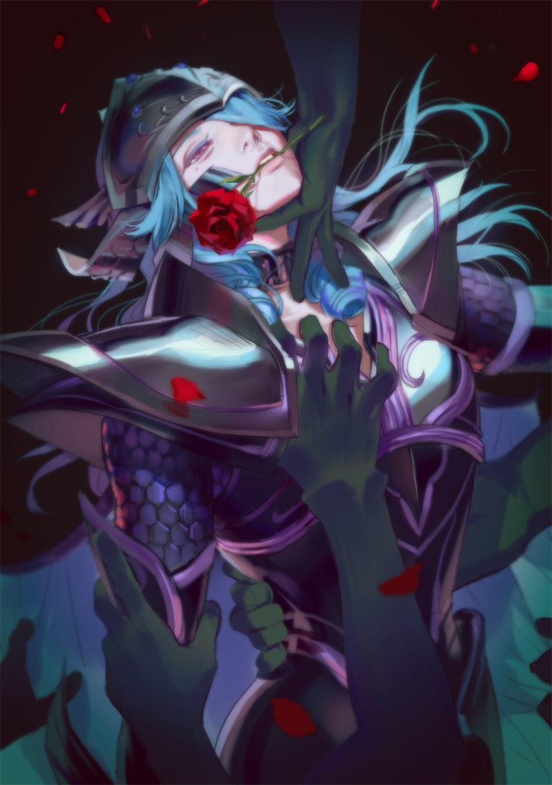 1boy androgynous arm_around_waist arm_grab armor black_background blue_hair drill_hair emg_(christain) flower hair_over_one_eye half-closed_eyes helmet long_hair male_focus mole mole_under_eye mouth_hold petals pink_eyes pisces_aphrodite red_rose rose saint_seiya simple_background solo_focus upper_body wavy_hair