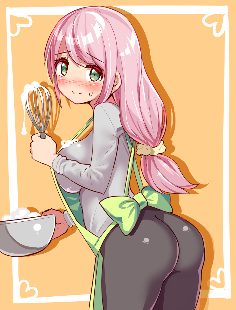 1girl apron ass ass_focus blush breasts cougar_(cougar1404) embarrassed from_behind green_eyes hair_ornament hair_scrunchie large_breasts leaning leaning_forward leggings long_hair looking_at_viewer pants pink_hair scrunchie sideboob smile solo sweater very_long_hair