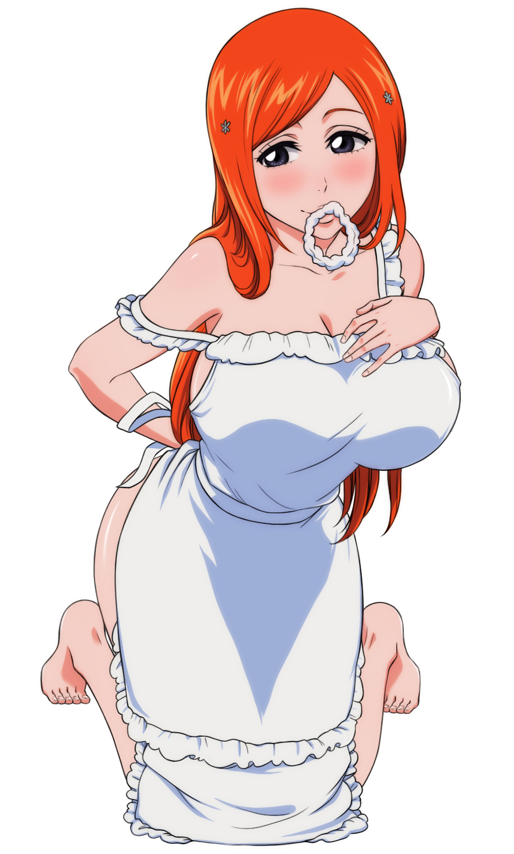 1girl \||/ apron arm_behind_back bare_shoulders bleach blush breast_suppress breasts brown_hair closed_mouth collarbone commentary english_commentary eyebrows_hidden_by_hair eyelashes feet frilled_apron frills full_body grey_eyes hair_ornament hair_over_shoulder hand_up highres inoue_orihime kneeling large_breasts leaning_forward long_hair looking_at_viewer mouth_hold naked_apron parted_bangs rozuberry simple_background smile solo star_(symbol) star_hair_ornament straight_hair strap_slip tiptoes toenails toes white_apron white_background