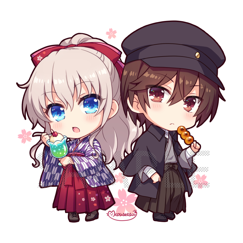 1boy 1girl alternate_costume black_hakama black_hat blue_eyes blush bow brown_eyes brown_hair charlotte_(anime) chibi chibi_only closed_mouth commentary_request dango food frown full_body grey_hair hair_between_eyes hair_bow hakama half_updo hat holding holding_food japanese_clothes kimono kousetsu long_hair long_sleeves looking_at_viewer open_mouth otosaka_yuu parfait peaked_cap ponytail purple_kimono red_bow red_hakama short_hair side-by-side signature simple_background standing taishou tomori_nao two-tone_kimono wagashi white_background white_kimono wide_sleeves