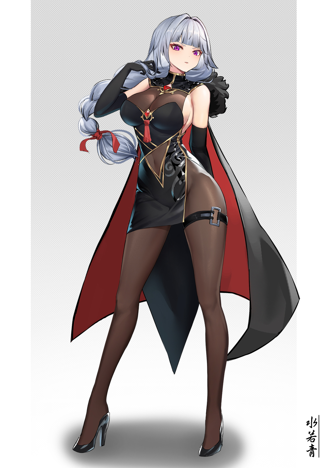 black_cape black_gloves black_pantyhose breasts cape cleavage clothing_cutout gloves high_heels highres large_breasts legs navel_cutout pantyhose shuiruoqing white_hair