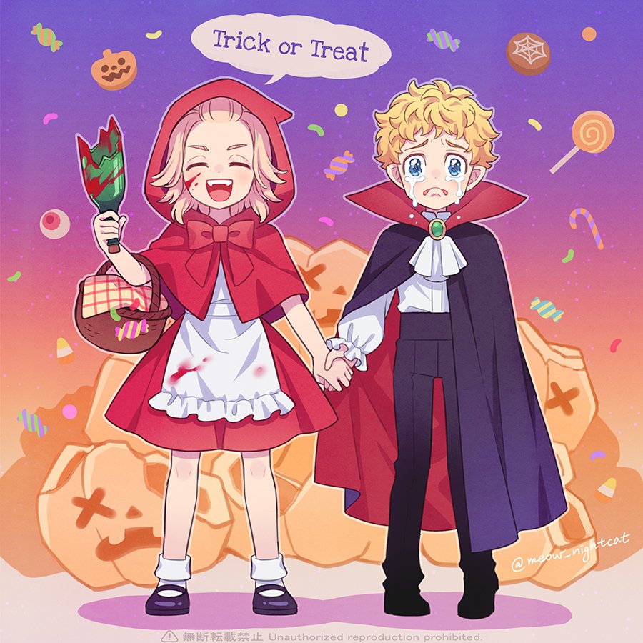 2boys :d ascot basket black_cloak black_footwear black_pants blonde_hair blood blood_on_face blue_eyes bottle broken_bottle capelet cloak cosplay crying crying_with_eyes_open dress closed_eyes frown full_body hanagaki_takemichi holding holding_bottle holding_hands jack-o&#039;-lantern little_red_riding_hood little_red_riding_hood_(grimm) little_red_riding_hood_(grimm)_(cosplay) long_sleeves looking_at_viewer male_focus multiple_boys nightcat open_mouth pants red_capelet red_dress sano_manjirou shirt shoes smile speech_bubble standing tears tokyo_revengers trick_or_treat twitter_username vampire_costume white_ascot white_shirt