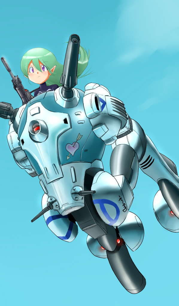 1980s_(style) 1girl choujikuu_yousai_macross energy_cannon esbeliben giant giantess green_hair gun heart inui&#039;s_meltran inui_(jt1116) long_hair macross mecha meltrandi non-humanoid_robot oldschool pointy_ears purple_eyes regult retro_artstyle robot walker_(robot) weapon zentradi