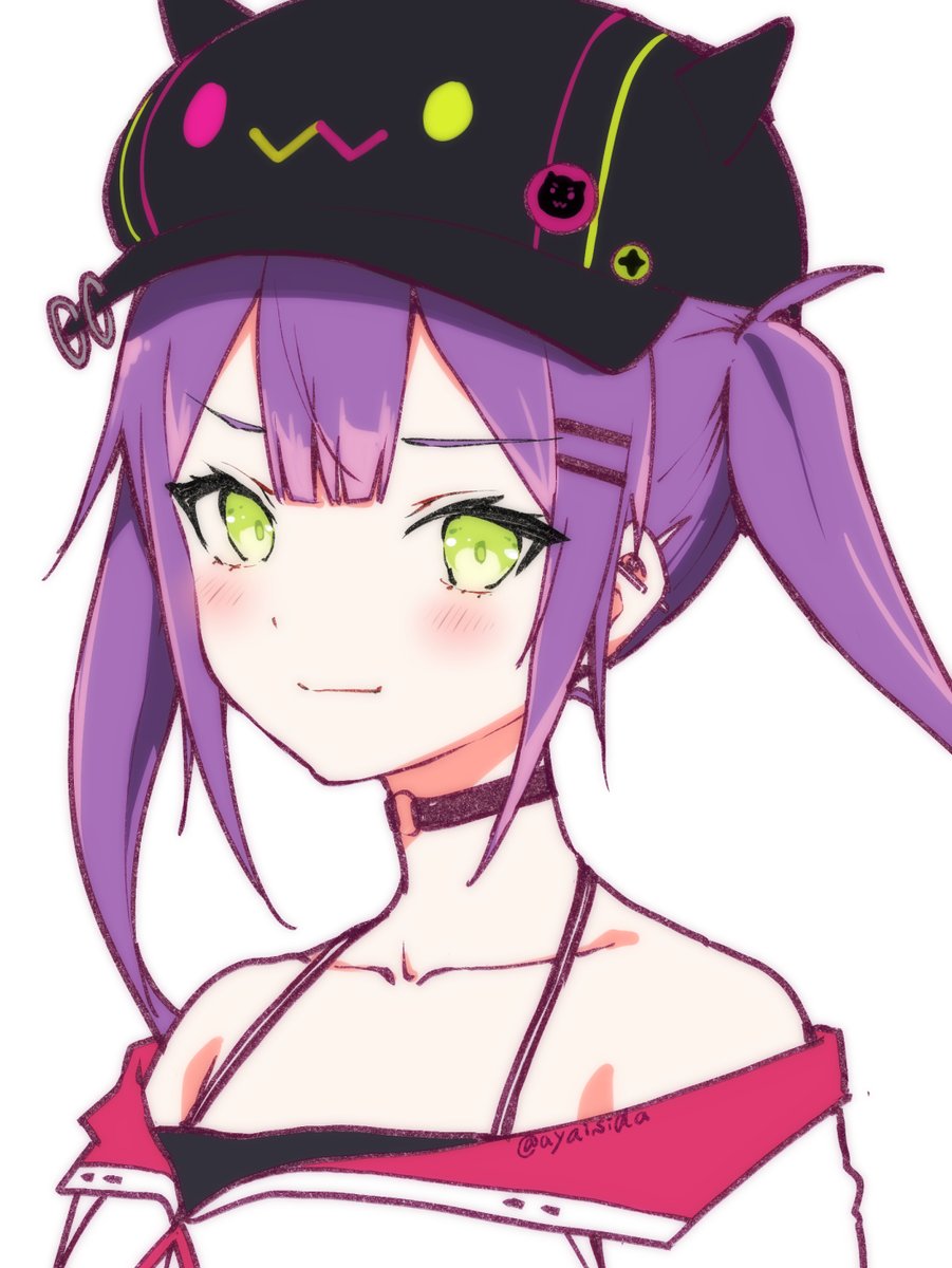 1girl baseball_bat bibi_(tokoyami_towa) black_hat blush choker close-up collarbone commentary_request ear_piercing green_eyes hair_ornament hairclip hat highres hololive ishida_aya light_smile long_hair looking_at_viewer mixed-language_commentary o-ring o-ring_choker piercing purple_hair simple_background solo tokoyami_towa tokoyami_towa_(1st_costume) twintails twitter_username virtual_youtuber white_background