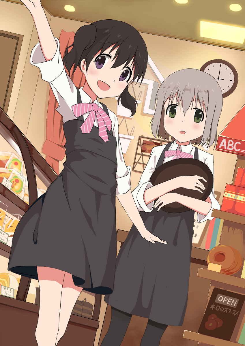 2girls bakery black_hair black_pantyhose blush ceiling ceiling_light clock dessert dot_nose english_text feet_out_of_frame female_focus food green_eyes grey_hair holding holding_tray indoors japanese_text kuraue_hinata legs multiple_girls open_mouth pantyhose purple_eyes shop short_sleeves soha_(sirohase) translation_request tray unifom yama_no_susume yukimura_aoi