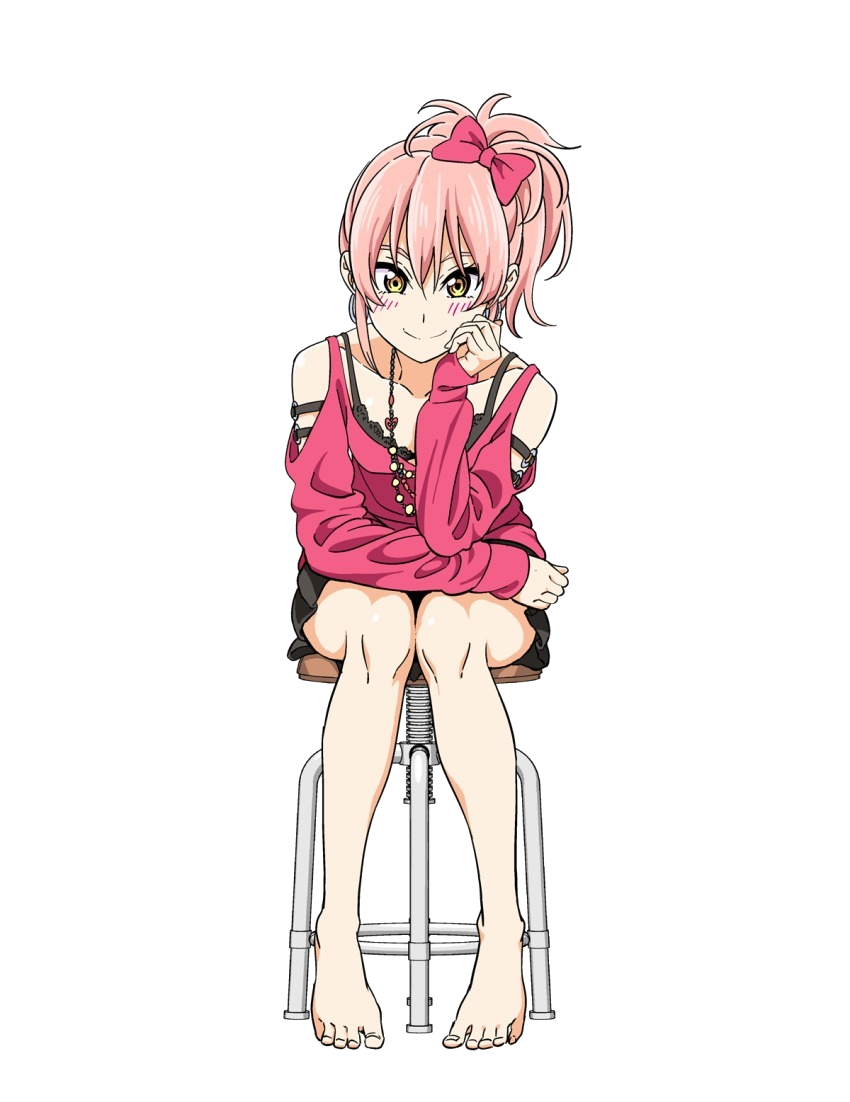 10s 1girl bare_shoulders barefoot blush bow earrings feet full_body hair_bow hair_ribbon hand_on_own_cheek hand_on_own_face head_rest hiroyuki idolmaster idolmaster_cinderella_girls jewelry jougasaki_mika looking_at_viewer necklace pink_hair pink_ribbon revision ribbon sitting smile solo toes transparent_background white_background yellow_eyes