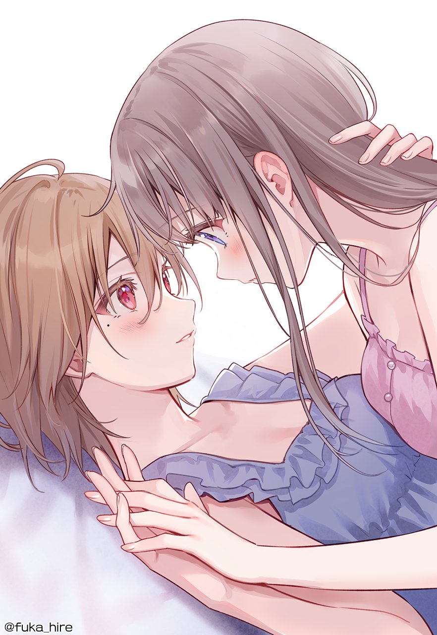 2girls blue_dress blue_eyes blush brown_hair character_request commentary_request copyright_request dress eye_contact fukahire_(ruinon) hand_on_another&#039;s_neck highres interlocked_fingers light_brown_hair long_hair looking_at_another lying mole mole_under_eye multiple_girls pink_dress red_eyes short_hair white_background yuri