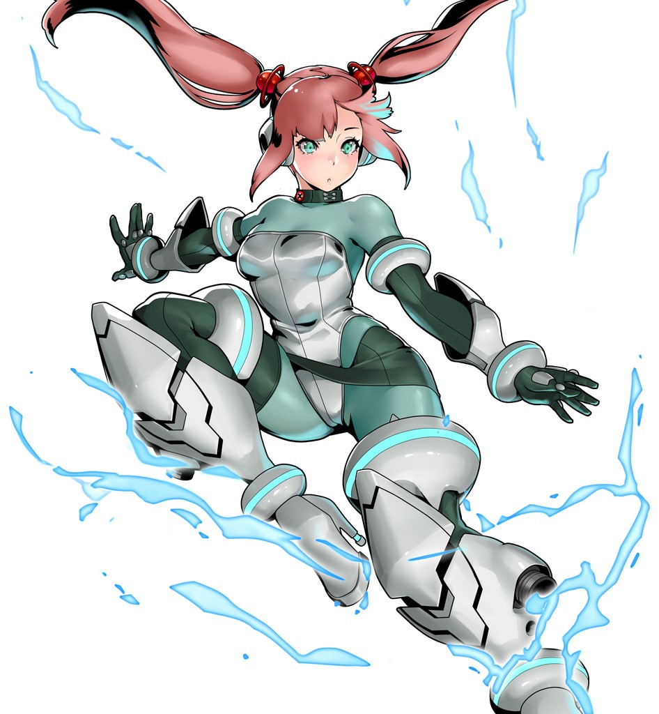 1girl alternate_costume aqua_eyes armored_boots artist_request beads bodysuit boots bracer breasts character_profile concept_art cyborg ear_protection gauntlets gloves green_bodysuit hair_beads hair_ornament high_heels jumping long_hair metal_slug metal_slug_attack midair nova_(metal_slug) official_art pink_hair solo tight_clothes twintails