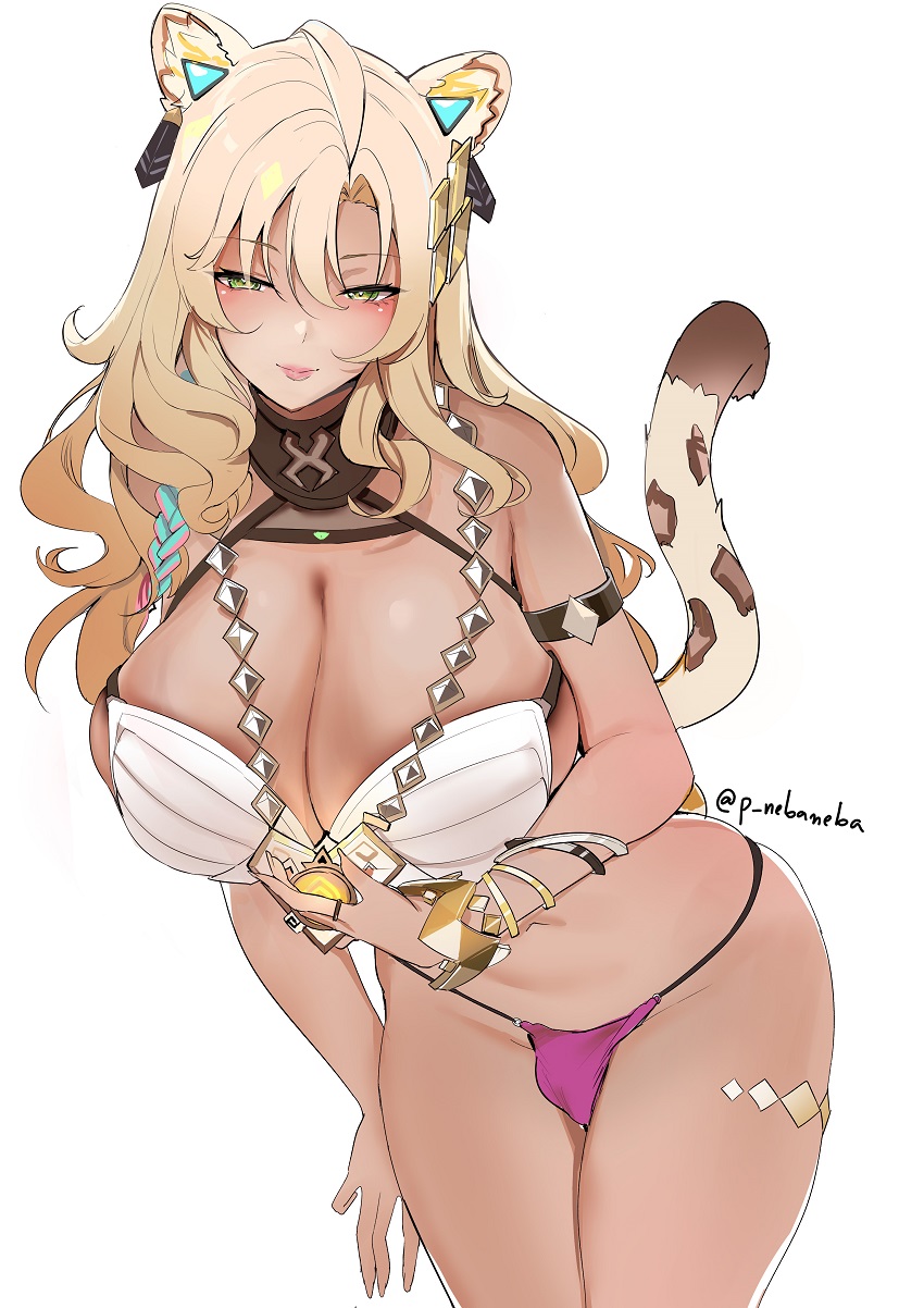 1girl animal_ears arm_strap asymmetrical_hair bangle bikini blonde_hair blue_hair blush bracelet braid breasts cleavage commentary cowboy_shot dark-skinned_female dark_skin earrings english_commentary genshin_impact geo_symbol_(genshin_impact) green_eyes hair_between_eyes hair_ornament half-closed_eyes highres jaguar_ears jaguar_girl jaguar_tail jewelry large_breasts leaning_forward light_blue_hair lips long_hair looking_at_viewer medallion mixed-language_commentary multicolored_hair multiple_bracelets navel nebaneba necklace parted_bangs pink_bikini pink_hair ring side_braid simple_background single_braid smile solo spotted_tail standing swimsuit tail twitter_username vision_(genshin_impact) wavy_hair white_background white_bikini xilonen_(genshin_impact)