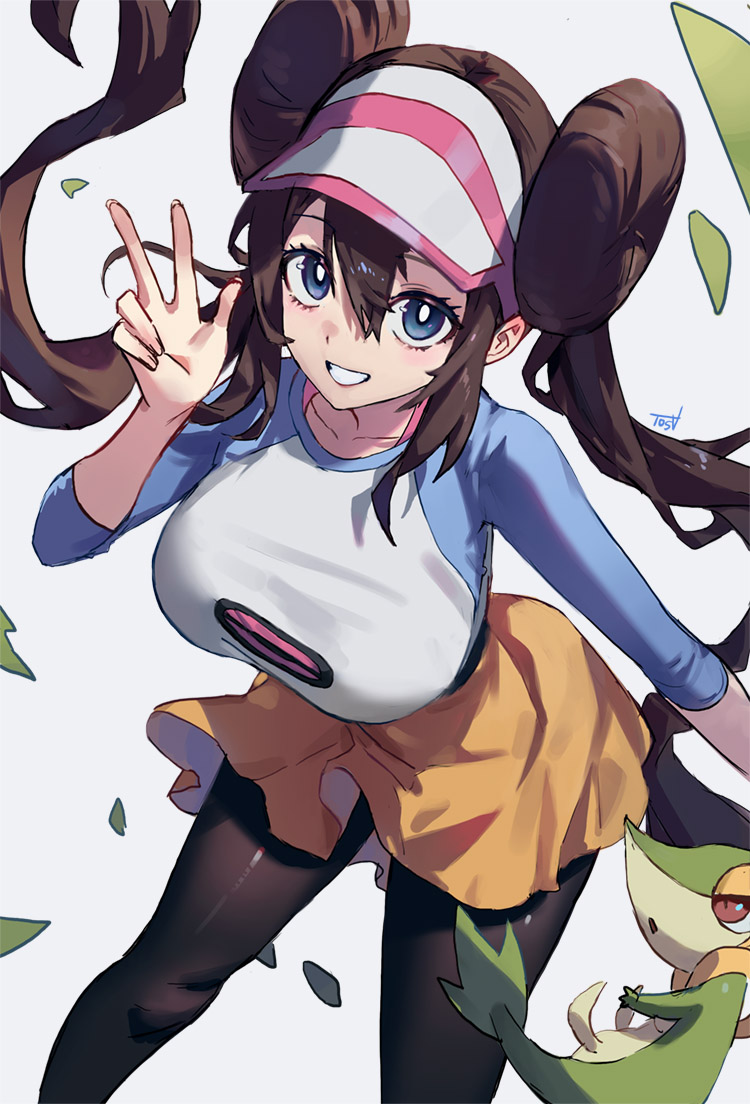 1girl black_pantyhose blue_eyes breasts brown_hair collarbone creatures_(company) double_bun doughnut_hair_bun game_freak gen_5_pokemon hair_bun hotke large_breasts looking_at_viewer nintendo pantyhose pokemon pokemon_bw2 rosa_(pokemon) shirt simple_background skirt snivy solo_focus w white_background white_shirt yellow_skirt