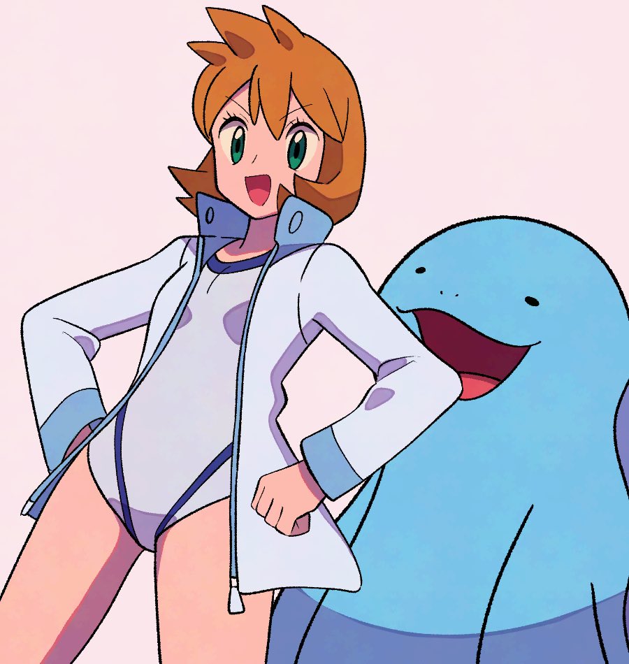 1girl :d blue_jacket blush breasts clenched_hands competition_swimsuit cowboy_shot creatures_(company) eyelashes game_freak gen_1_pokemon gen_2_pokemon green_eyes gym_leader hair_between_eyes hand_on_own_hip hands_on_own_hips jacket long_sleeves looking_at_viewer misty_(pokemon) navel nintendo one-piece_swimsuit open_clothes open_jacket open_mouth orange_hair pokemon pokemon_gsc pokemon_hgss quagsire shirt short_hair simple_background small_breasts smile solo standing swimsuit thighs tongue track_jacket tyako_089 v-shaped_eyebrows white_background white_jacket white_one-piece_swimsuit zipper