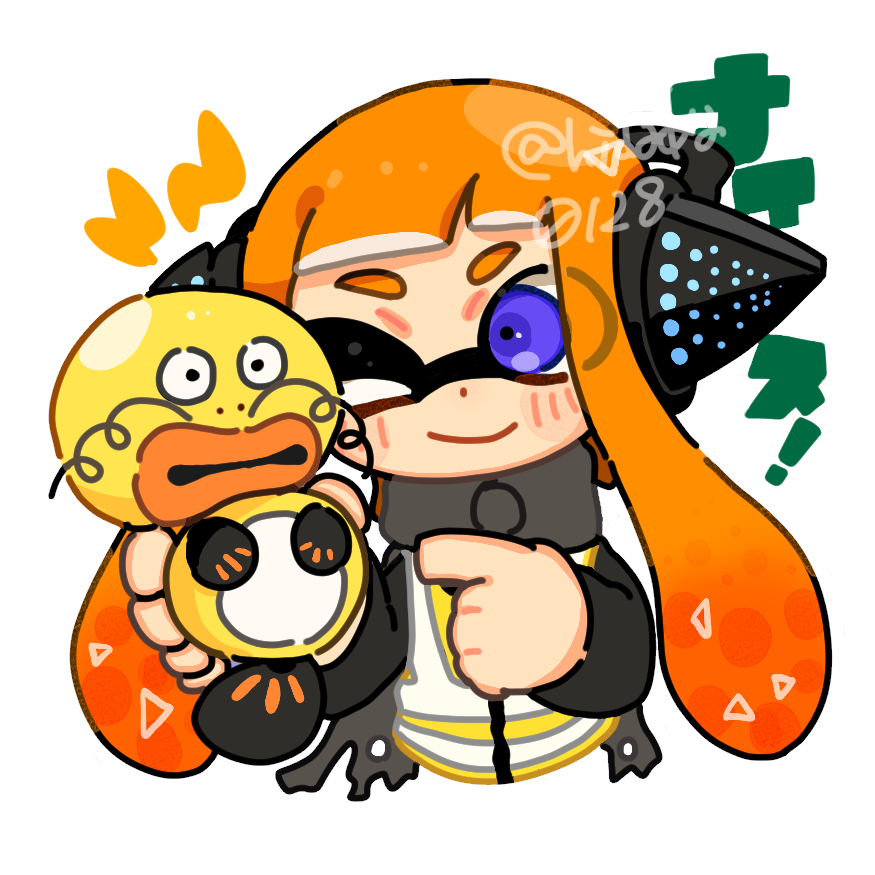 1girl agent_3_(splatoon) blue_eyes closed_mouth commentary_request headphones hidaka0128 high-visibility_clothing high-visibility_vest inkling inkling_girl inkling_player_character long_hair looking_at_another nintendo one_eye_closed orange_hair smile splatoon_(series) splatoon_1 tentacle_hair vest yellow_vest zapfish