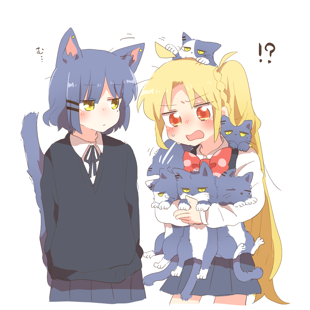 !? 2girls :&lt; ahoge animal animal_ear_fluff animal_ears animal_hug animal_on_head animalization black_ribbon black_sweater blonde_hair blue_hair blue_skirt blush bocchi_the_rock! bow braid closed_mouth collared_shirt hair_ornament hairclip ijichi_nijika kemonomimi_mode mole mole_under_eye multiple_girls neck_ribbon nose_blush on_head open_mouth parted_bangs pleated_skirt polka_dot polka_dot_bow rebecca_(keinelove) red_bow red_eyes ribbon shirt side_ponytail simple_background skirt stiff_tail sweat sweater sweater_vest tail v-shaped_eyebrows white_background white_shirt yamada_ryo yellow_eyes