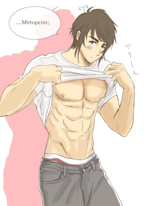 1boy abs axis_powers_hetalia blush brown_hair greece_(hetalia) green_eyes looking_at_viewer male_focus muscular navel nipples pants pectorals shirt solo