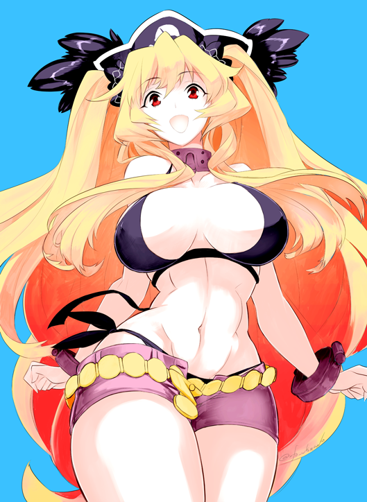 1girl anne_bonny_(fate) anne_bonny_(fate/grand_order) anne_bonny_(swimsuit_archer)_(fate) anne_bonny_(swimsuit_archer)_(first_ascension)_(fate) bikini bikini_under_clothes black_bikini black_hat blonde_hair blue_background breasts commentary_request contrapposto covered_erect_nipples cuffs fate/grand_order fate_(series) from_below hat large_breasts lowleg lowleg_shorts narrow_waist navel open_fly purple_shorts red_eyes shackles shiromako short_shorts shorts side-tie_bikini_bottom solo swimsuit two_side_up