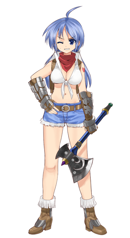 1girl ahoge artist_request axe bandana belt blacksmith_(ragnarok_online) blue_eyes blue_hair boots breasts brown_belt brown_footwear brown_gloves cleavage clenched_teeth collared_shirt crop_top fingerless_gloves fingernails full_body gauntlets gloves heart heart_tattoo holding holding_axe large_breasts large_variant_set long_hair looking_at_viewer navel official_art one_eye_closed ragnarok:_guild_masters ragnarok_online red_bandana shirt short_shorts shorts shoulder_tattoo simple_background sleeveless sleeveless_shirt solo standing tattoo teeth thumb_in_beltline tied_shirt transparent_background variant_set white_shirt