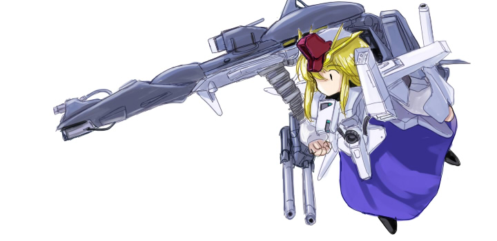 1girl blonde_hair doll fazz_(gundam) female_focus flx gundam gundam_girl gundam_sentinel personification shanghai_doll simple_background solo touhou weapon white_background zz_gundam