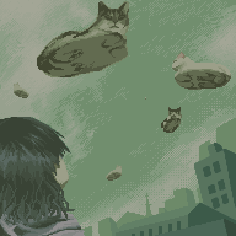 1girl animal black_hair building cat city daisen_(specialdaisen) dithering floating green_sky grey_theme looking_down looking_up original overcast oversized_animal pixel_art scenery sky solo