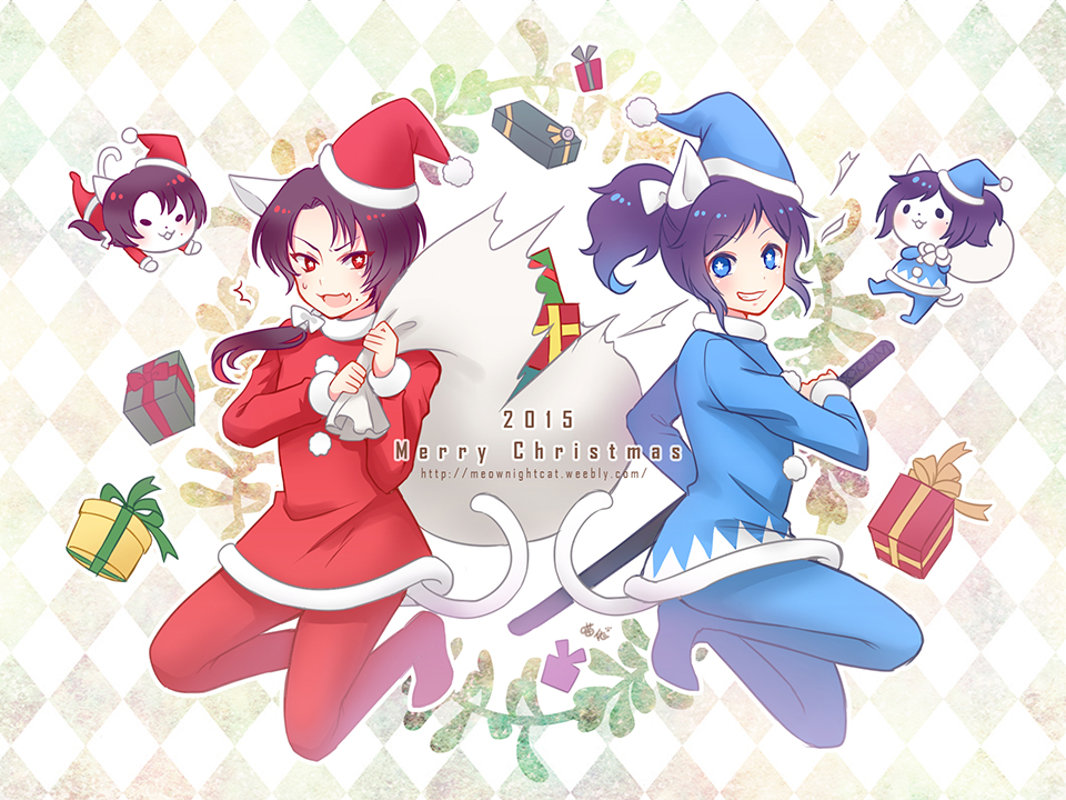 10s 2015 2boys animal_ears black_hair blue_eyes brown_hair cat cat_ears cat_tail christmas fang fighting_stance gift grin hat kashuu_kiyomitsu katana male_focus merry_christmas mole mole_under_eye mole_under_mouth multiple_boys nightcat ponytail ready_to_draw red_eyes sack santa_costume santa_hat smile star-shaped_pupils star_(symbol) sword symbol-shaped_pupils tail touken_ranbu weapon yamato-no-kami_yasusada