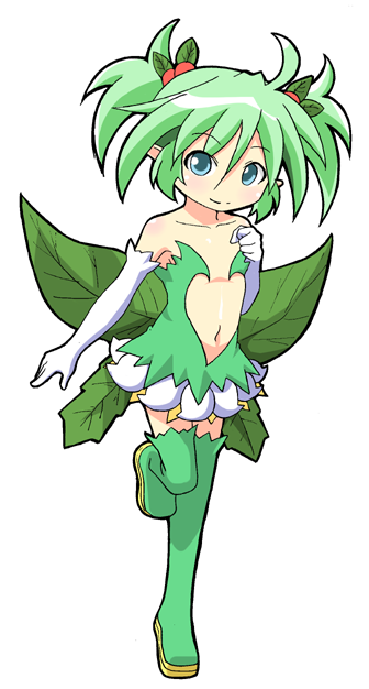 1girl blue_eyes boots child elbow_gloves fairy female_focus gloves green_footwear green_hair green_theme green_thighhighs konoha_(shinrabanshou) leaf_wings masaki_itsuki navel shinrabanshou short_hair simple_background smile solo split_mouth thighhighs white_background white_gloves wings