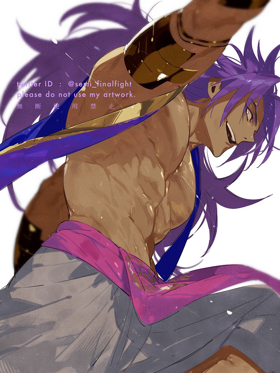 1boy abs bara bare_pectorals bhima_(fate) dark-skinned_male dark_skin fate/grand_order fate_(series) feet_out_of_frame from_below glint highres large_pectorals long_hair looking_at_viewer male_focus muscular muscular_male navel nipples pectorals purple_hair semi_(p-poco) shiny_skin sideways_glance smile solo stomach thick_eyebrows v-taper vest