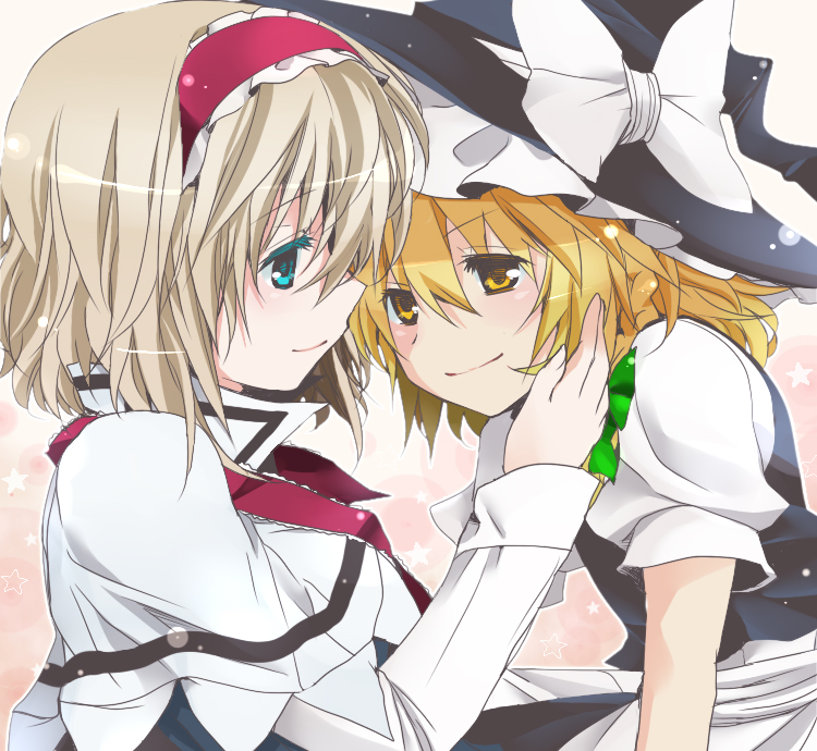 2girls alice_margatroid blonde_hair blue_hair bow capelet female_focus hairband hand_on_another&#039;s_face hand_on_own_face hat hat_bow kirisame_marisa long_hair multiple_girls ribbon short_hair smile toraneko touhou witch witch_hat yellow_eyes