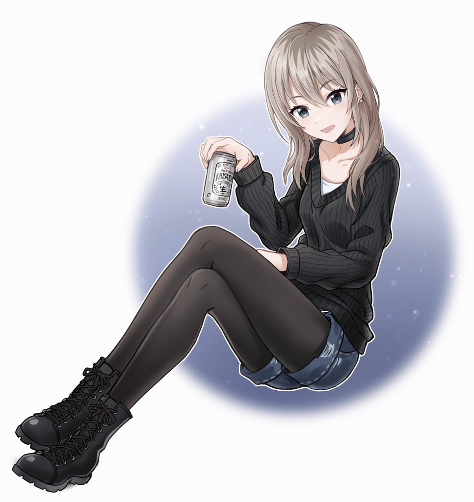 1girl beer_can bestramos black_choker black_footwear black_pantyhose black_sweater blue_shorts boots can choker commentary_request denim denim_shorts drink_can earclip full_body girls_band_cry grey_eyes grey_hair holding holding_can invisible_chair kawaragi_momoka long_hair long_sleeves looking_at_viewer multicolored_hair open_mouth pantyhose roots_(hair) shorts sitting smile solo sweater