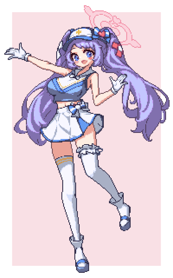 1girl bare_shoulders blue_archive blue_eyes blush_stickers bow breasts cheerleader crop_top dasa_(bearisalive) full_body gloves hair_bow halo hanae_(blue_archive) hanae_(cheer_squad)_(blue_archive) large_breasts long_hair looking_at_viewer open_mouth pink_halo pixel_art purple_hair skirt smile solo standing standing_on_one_leg thighhighs twintails visor_cap white_gloves white_skirt white_thighhighs