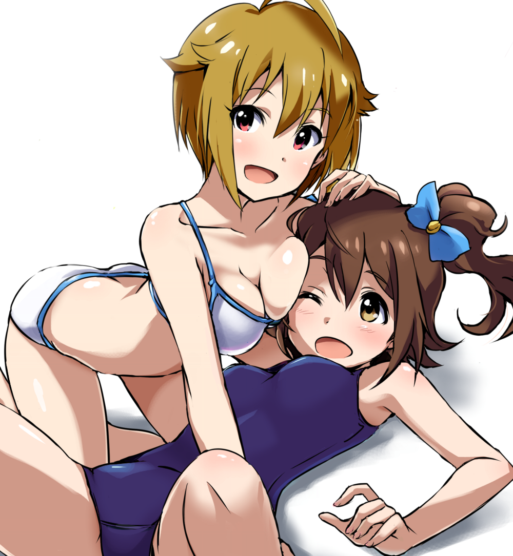 10s 2girls :d ahoge ass bikini blonde_hair bow bra breast_press breasts brown_eyes brown_hair butt_crack cleavage collarbone hair_bow ibuki_tsubasa idolmaster idolmaster_million_live! kasuga_mirai kneeling large_breasts lying multiple_girls on_back one-piece_swimsuit open_mouth panties red_eyes short_hair side_ponytail smile swimsuit underwear white_bikini yumekaranigeruna yuri