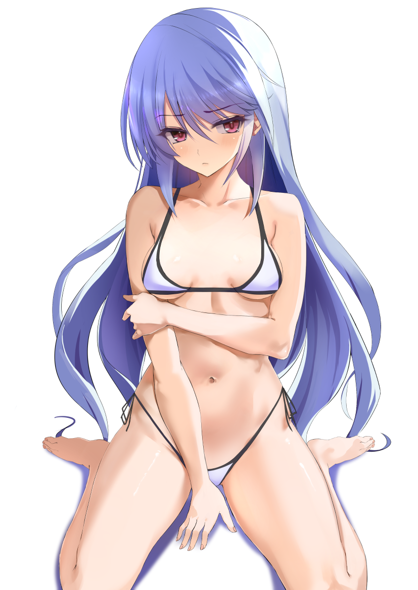 1girl bare_arms bare_legs between_legs bikini blue_hair blush breasts cleavage closed_mouth collarbone grisaia_(series) grisaia_no_kajitsu grisaia_no_rakuen hand_between_legs highleg highleg_bikini kazami_kazuki kesoshirou kneeling long_hair navel purple_eyes side-tie_bikini_bottom simple_background small_breasts solo swimsuit white_background white_bikini