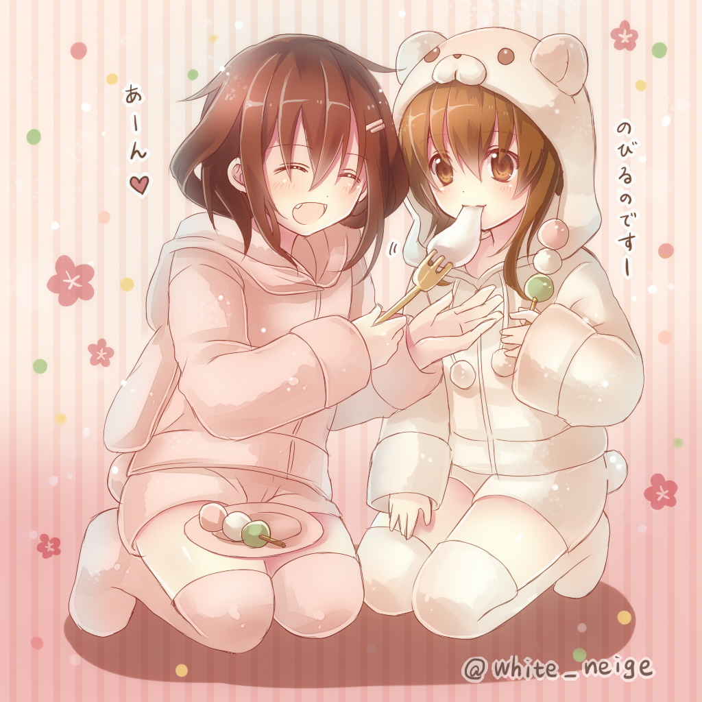 10s 2girls :d ^_^ brown_eyes brown_hair dango eating closed_eyes fang food hair_ornament hairclip ikazuchi_(kancolle) inazuma_(kancolle) kantai_collection mochi multiple_girls open_mouth pajamas personification pink_legwear plate pom_pom_(clothes) serino_itsuki short_hair short_shorts shorts sidelocks smile thighhighs translation_request twitter_username wagashi white_legwear white_s