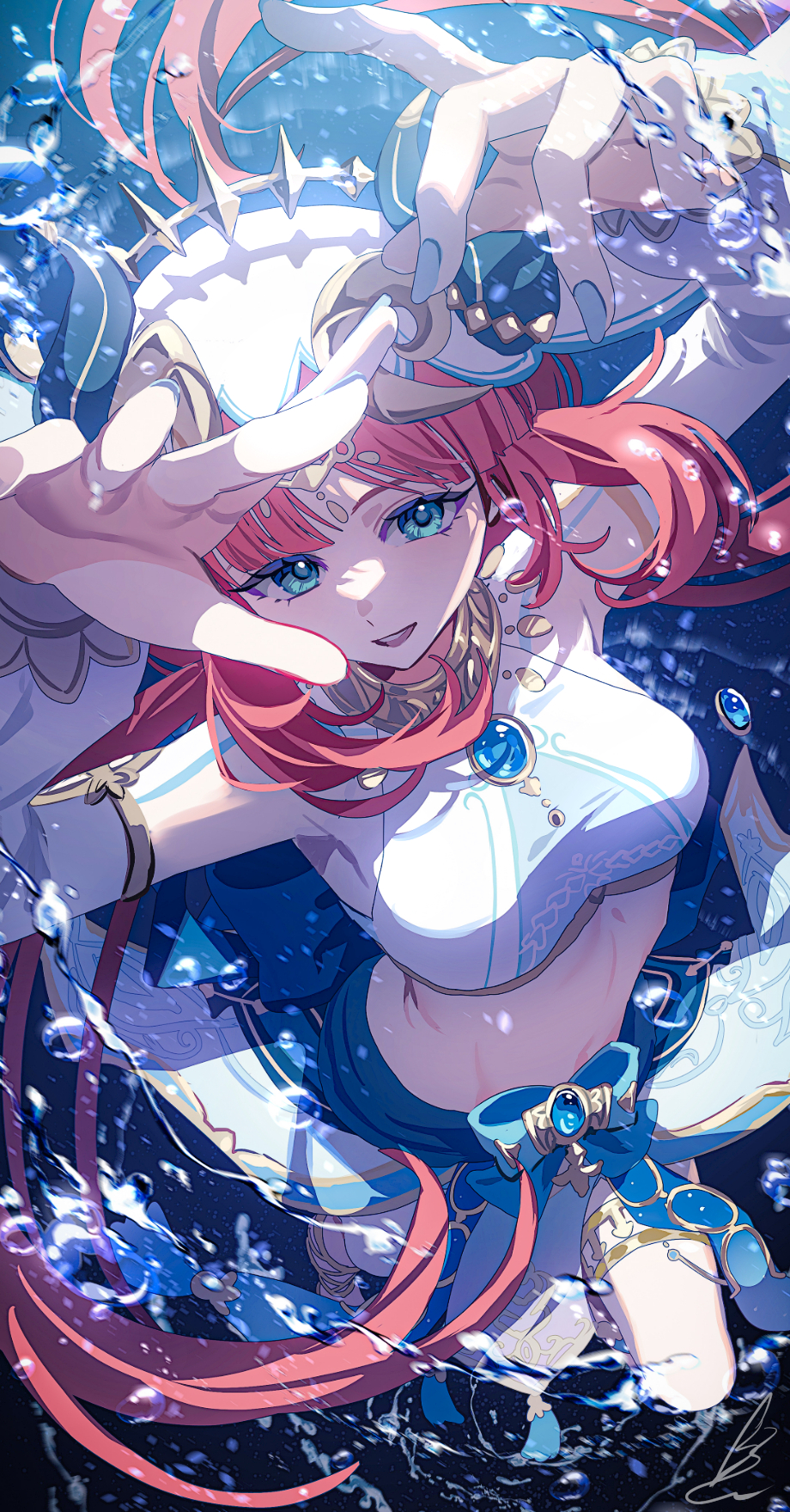 1girl aqua_eyes arms_up blue_background blue_gemstone blue_nails breasts fake_horns from_above gem genshin_impact gold_trim harem_outfit has_bad_revision highres horns hydrokinesis jewelry knee_up long_sleeves looking_at_viewer medium_breasts navel neck_ring nilou_(genshin_impact) open_mouth parted_bangs puffy_long_sleeves puffy_sleeves red_hair shibuki_kamone solo stomach thighlet veil water white_veil