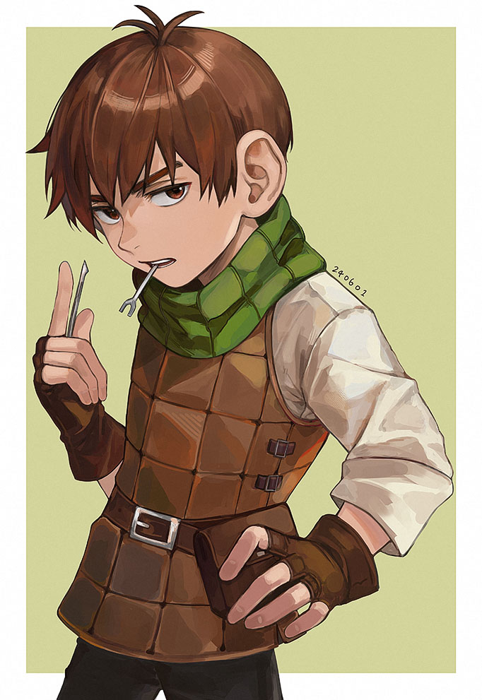 1boy belt black_pants brown_bag brown_eyes brown_hair chilchuck_tims dungeon_meshi fingerless_gloves gloves grey_shirt lockpick looking_at_viewer moon_(bio7124) neck_warmer pants shirt short_hair simple_background solo very_short_hair