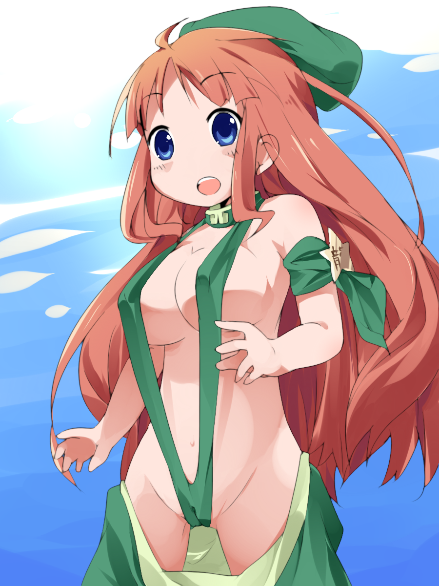 1girl bad_id bad_pixiv_id blue_eyes breasts cameltoe cleavage female_focus hat highres hong_meiling kareha_aki long_hair midriff navel outdoors red_hair sky slingshot_swimsuit solo swimsuit touhou