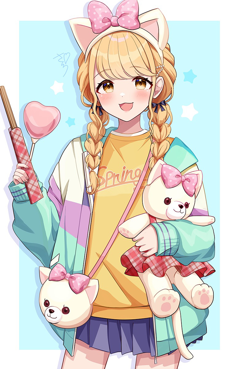 1girl animal_ear_hairband animal_ears blonde_hair blue_skirt blush border braid cat_ears churro commentary_request fake_animal_ears fujita_kotone gakuen_idolmaster hairband hugging_doll hugging_object idolmaster jacket long_hair looking_at_viewer multicolored_clothes multicolored_jacket pleated_skirt sakura_ran shirt skirt smile solo stuffed_animal stuffed_cat stuffed_toy twin_braids white_border yellow_eyes yellow_shirt