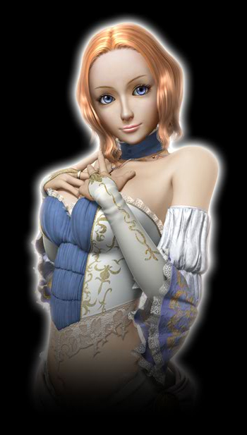 1girl 3d angela_(castlevania) blonde_hair breasts bridal_gauntlets castlevania_(series) castlevania_pachislot choker cleavage cross cross_necklace jewelry large_breasts looking_at_viewer midriff navel necklace short_hair