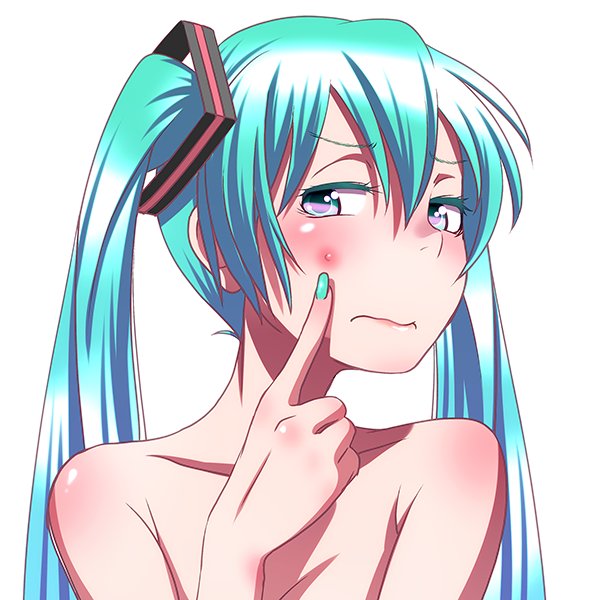 1girl aqua_nails blue_eyes blue_hair body_blush breasts cleavage closed_mouth collarbone colored_eyelashes female_focus fingernails frown hair_ornament hatsune_miku long_fingernails long_hair looking_at_viewer matching_hair/eyes medium_breasts nail_polish pimple pink_lips pointing simple_background solo topless_frame twintails upper_body very_long_hair vocaloid white_background wokada