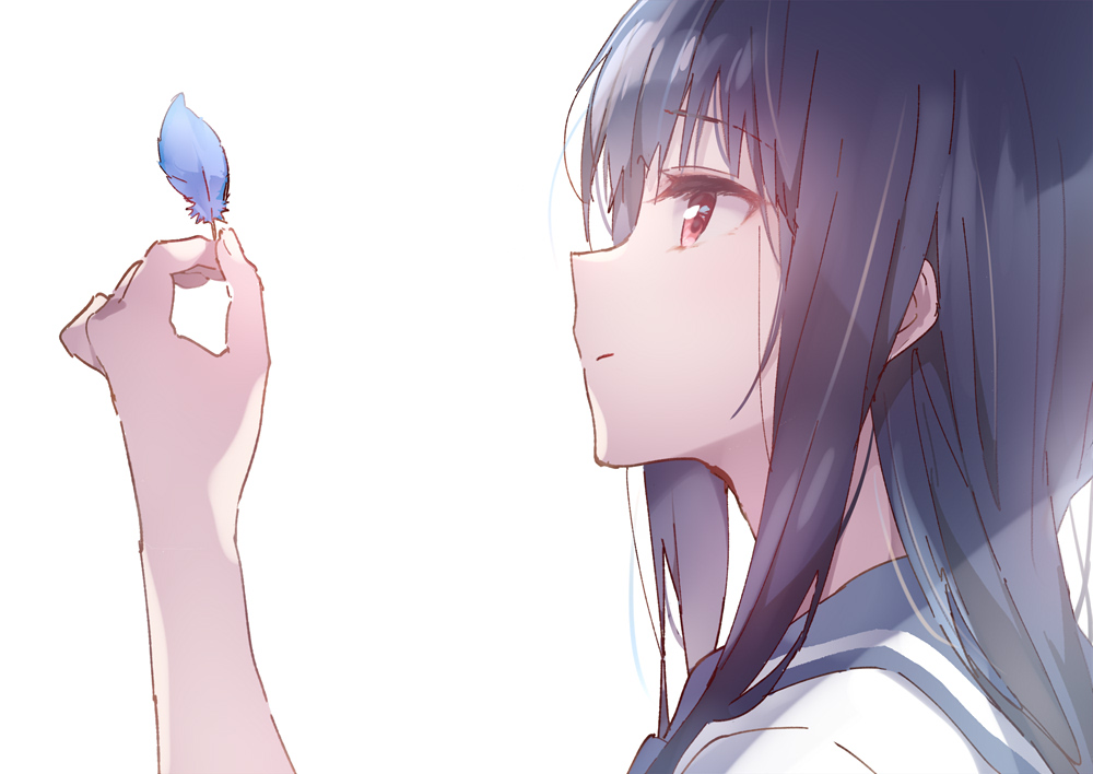 1girl black_hair blue_feathers blue_sailor_collar close-up closed_mouth commentary_request feathers from_side hand_up hibike!_euphonium holding holding_feather kitauji_high_school_uniform liz_to_aoi_tori long_hair looking_at_object motoyon own_hands_together profile red_eyes sailor_collar school_uniform serafuku shirt simple_background solo straight_hair tsurime white_background white_shirt yoroizuka_mizore