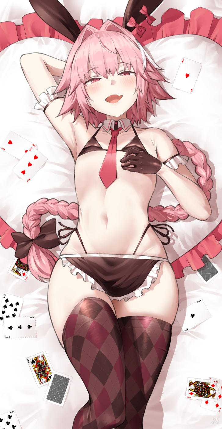 1boy animal_ears apron argyle_clothes argyle_thighhighs arm_behind_head arm_up armpits astolfo_(fate) bare_shoulders bikini black_apron black_bikini black_bow black_gloves blush bow braid braided_ponytail brown_thighhighs card collarbone detached_collar fake_animal_ears fang fate/apocrypha fate_(series) gloves hair_bow hair_intakes highleg highleg_bikini highres long_hair looking_at_viewer lying maid maid_bikini micro_bikini multicolored_hair navel necktie on_back open_mouth pink_hair playing_card purple_eyes rabbit_ears skin_fang smile solo streaked_hair swimsuit thighhighs thighs trap unconventional_maid uo_denim waist_apron white_hair